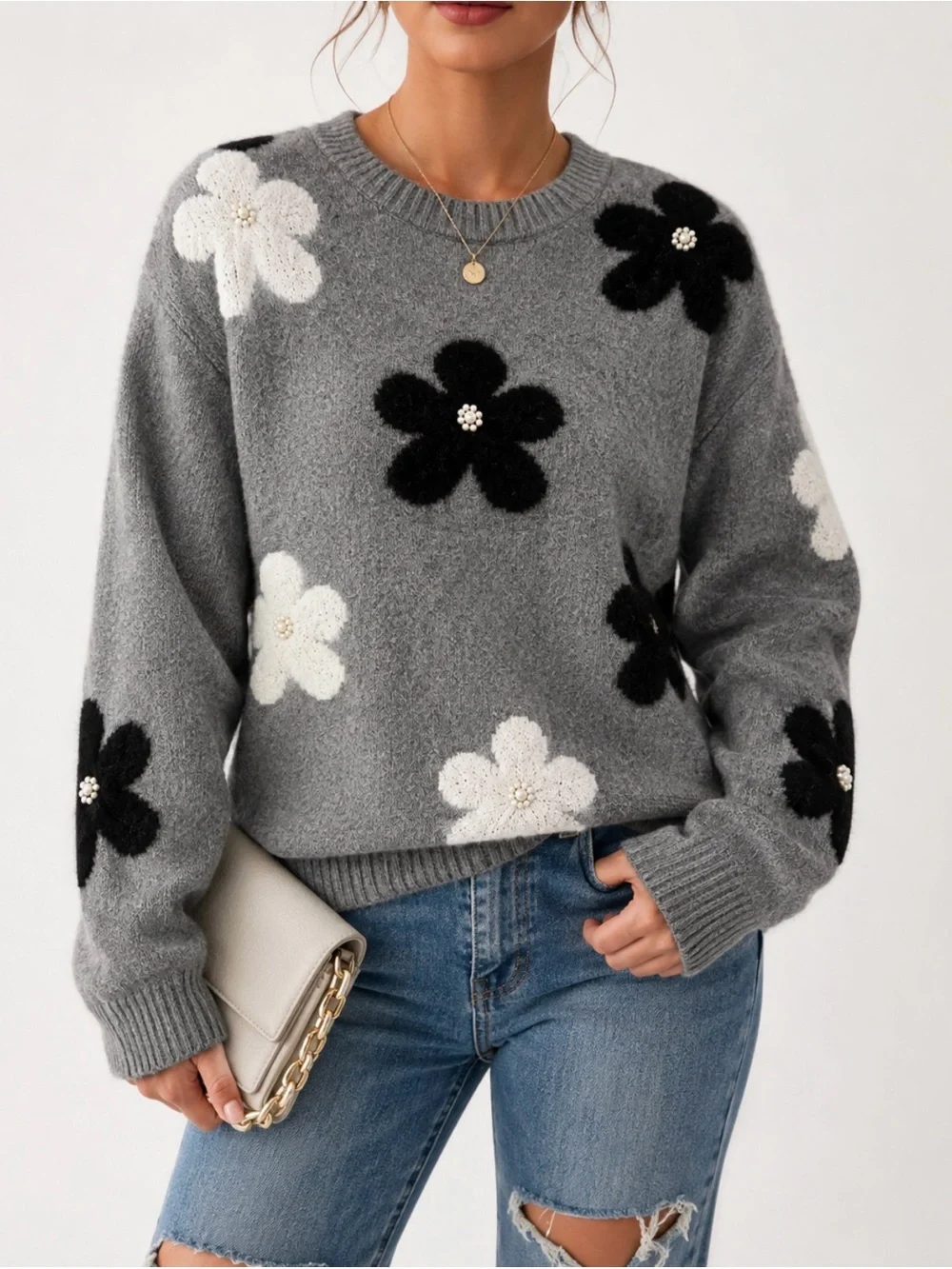 Nanette Nanette Lepore Floral Pearl Sweater Medium Gray Black White